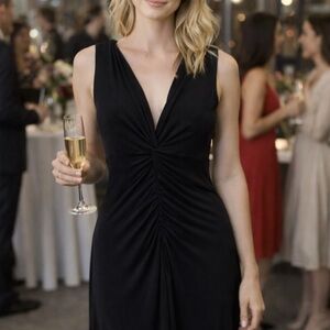 Laundry By Shelli Segal Black Ruched V-Neck Midi dress XS